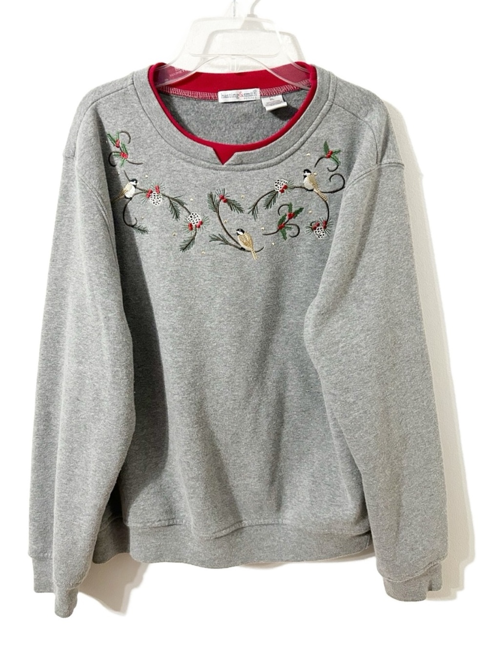 Vintage Hasting & Smith Petites Embroidered Winter Birds Sweatshirt PL Gray